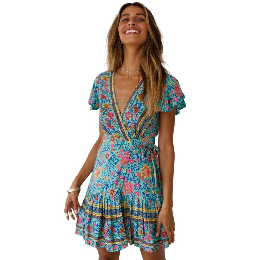 Women's Summer V-neck Sexy Bohemian Printed Lace-up Dresses