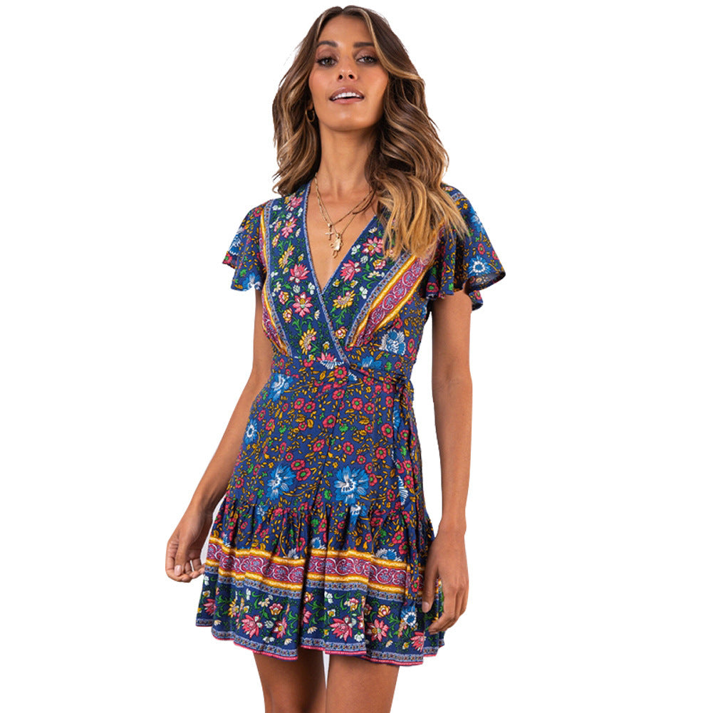 Women's Summer V-neck Sexy Bohemian Printed Lace-up Dresses