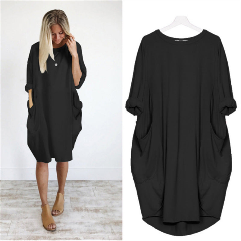 Women's Sleeve Round Neck Solid Color Loose Pockets Dresses