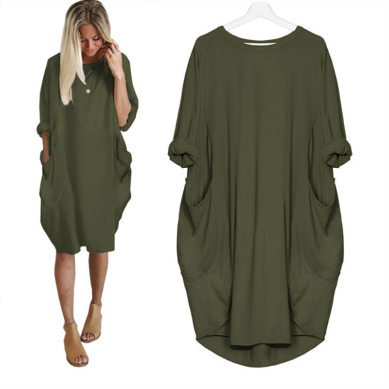 Women's Sleeve Round Neck Solid Color Loose Pockets Dresses