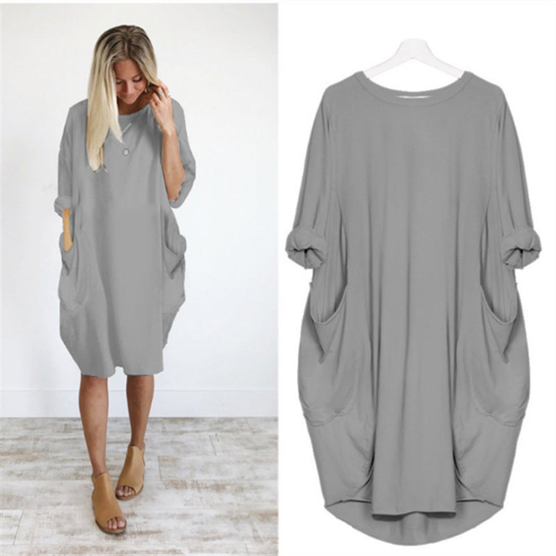 Women's Sleeve Round Neck Solid Color Loose Pockets Dresses