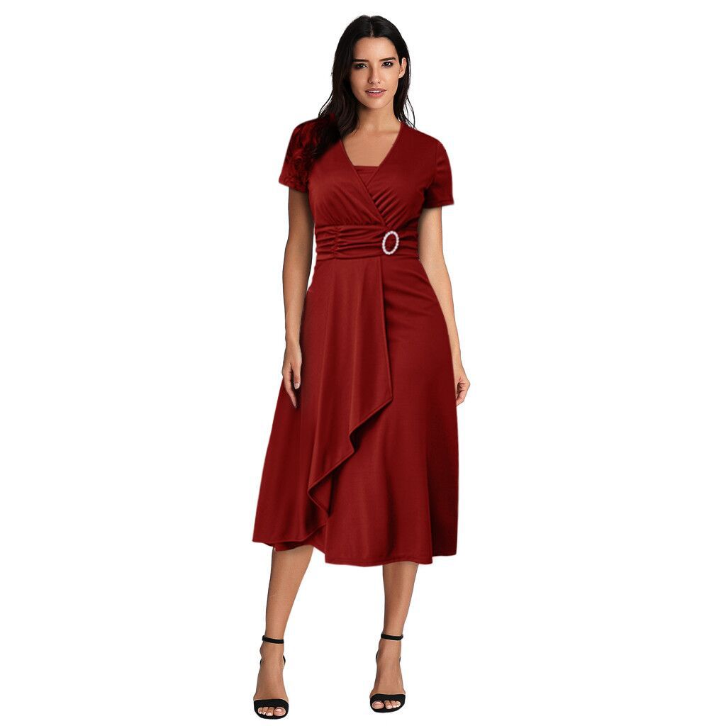 Women's Asymmetric Large Swing V-neck High Waist Mid-length Dresses