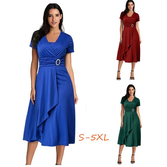 Women's Asymmetric Large Swing V-neck High Waist Mid-length Dresses