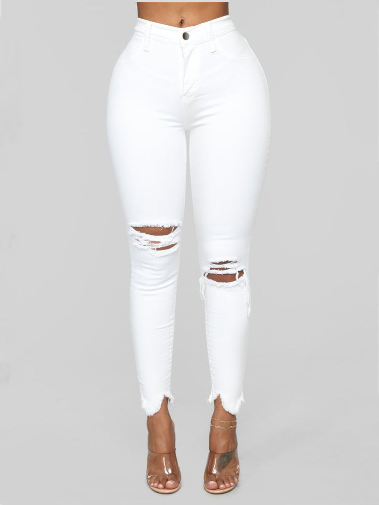 Women's Autumn Cross Mirror Ripped Solid Color Jeans