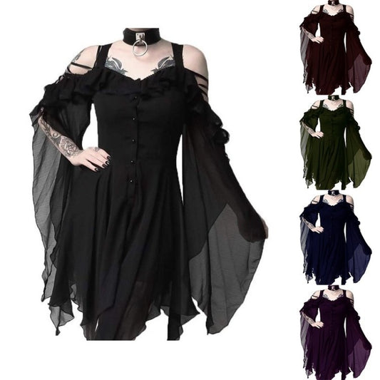 Color Off-the-shoulder Strap Large Swing Sleeve Irregular Dresses