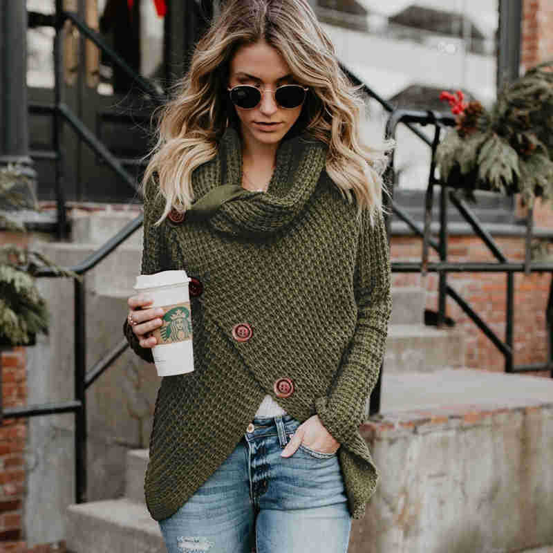 Women's Long Sleeve Turtleneck Pullover Button Sweaters