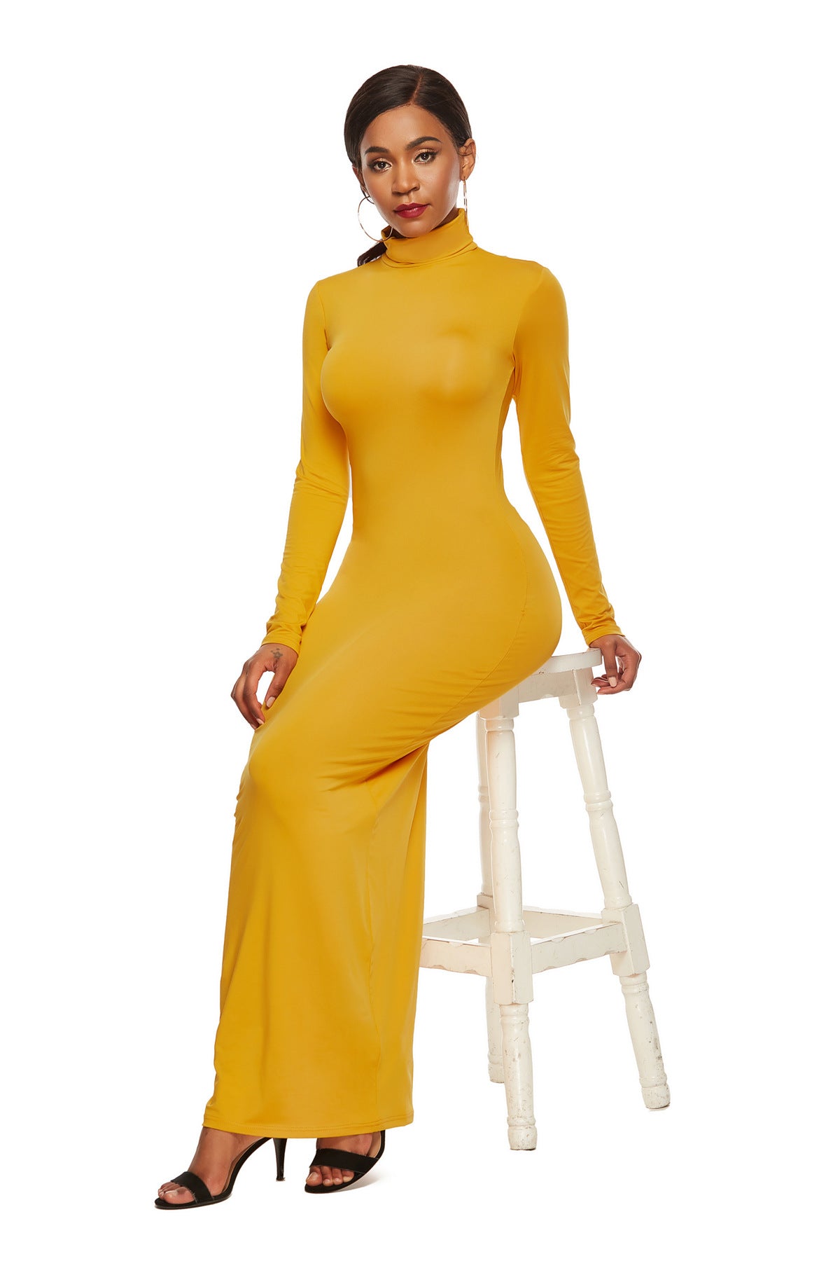 Women's Solid Color Long Sleeve Stretch Slim Dresses