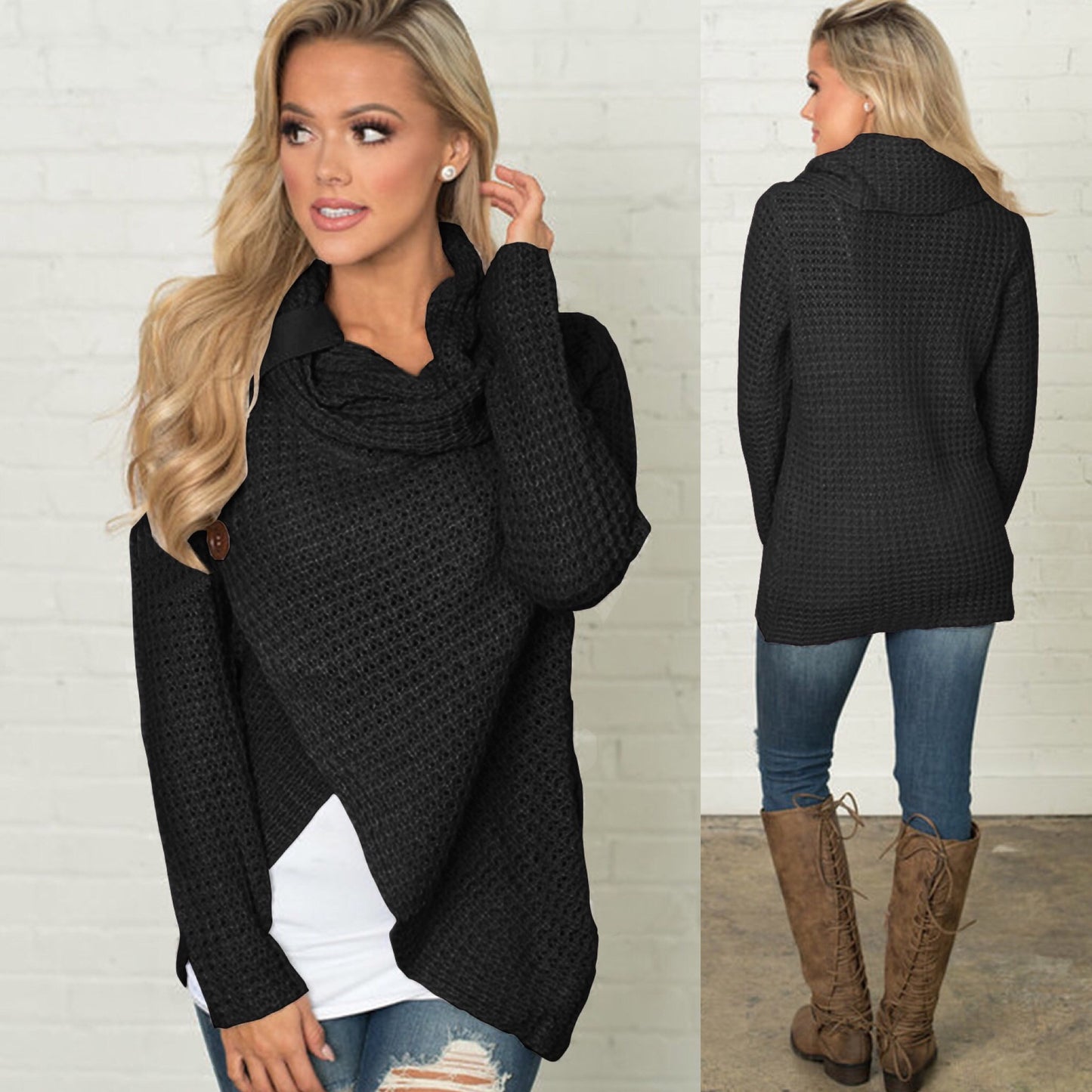 Women's Long Sleeve Turtleneck Pullover Button Sweaters