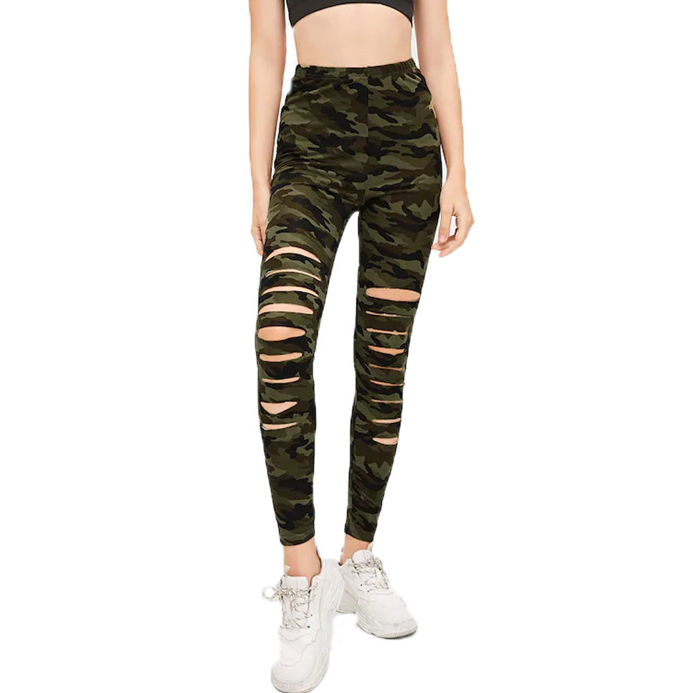 Silk Skinny Camouflage Printed Ripped Stretch Leggings