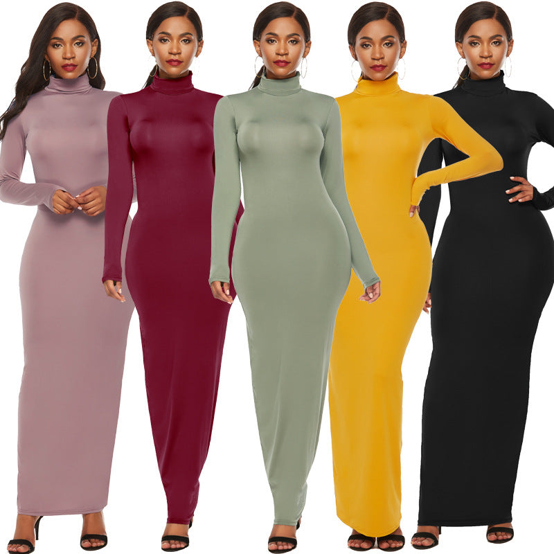 Women's Solid Color Long Sleeve Stretch Slim Dresses