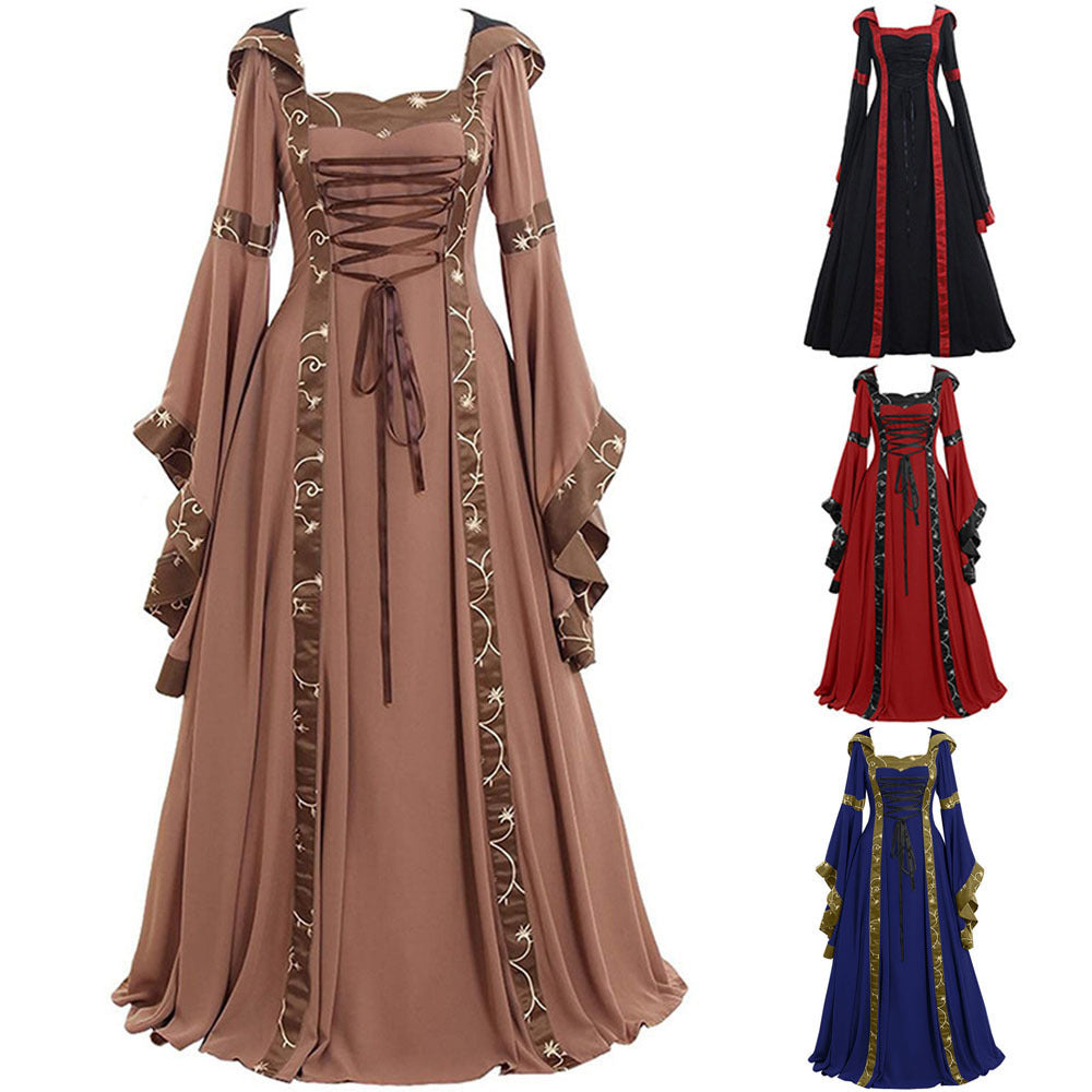 Medieval Retro Hooded Dress Square Collar Lace Dresses