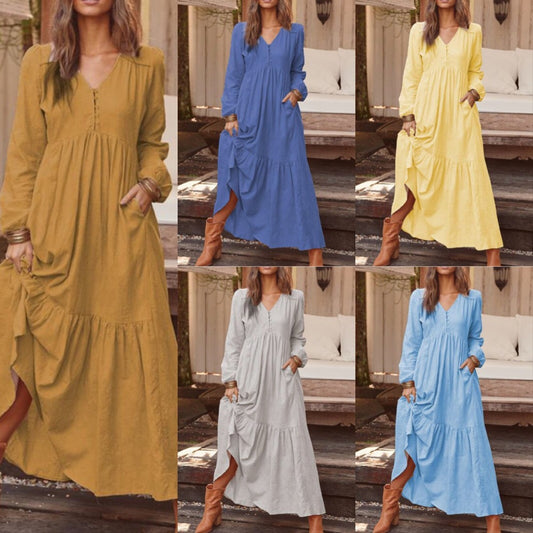 Women's Cotton Linen Retro Casual Long-sleeved Large Dresses