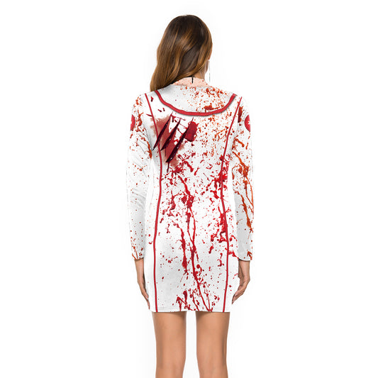 Women's Halloween Nurse Zombie Round Long-sleeved Dress Dresses