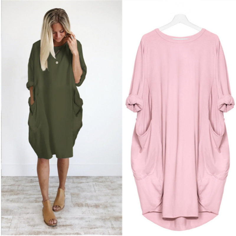 Women's Sleeve Round Neck Solid Color Loose Pockets Dresses