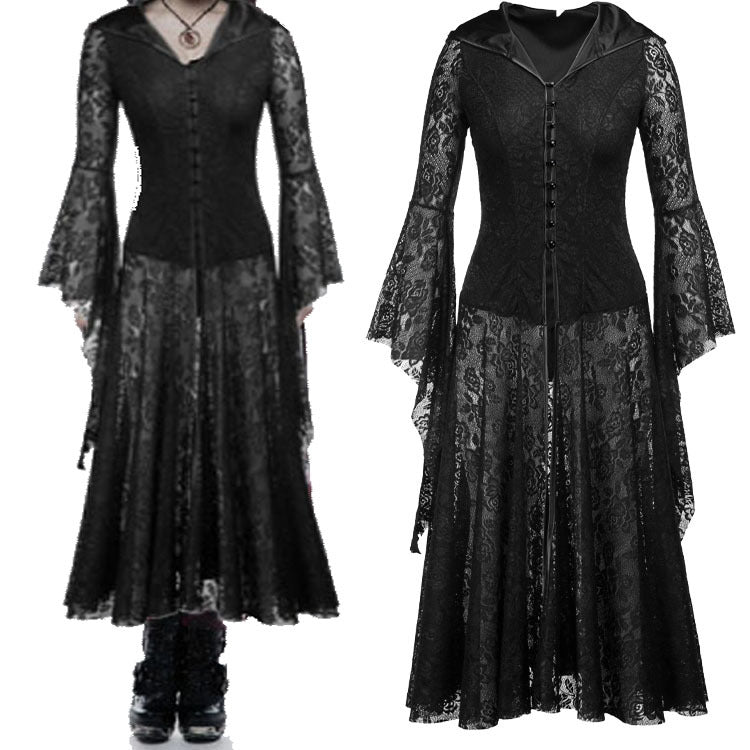 Women's Medieval Black Dress Gothic Retro Mid-length Dresses