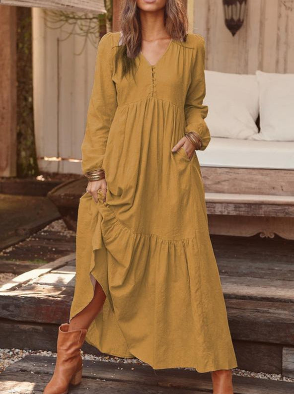 Women's Cotton Linen Retro Casual Long-sleeved Large Dresses