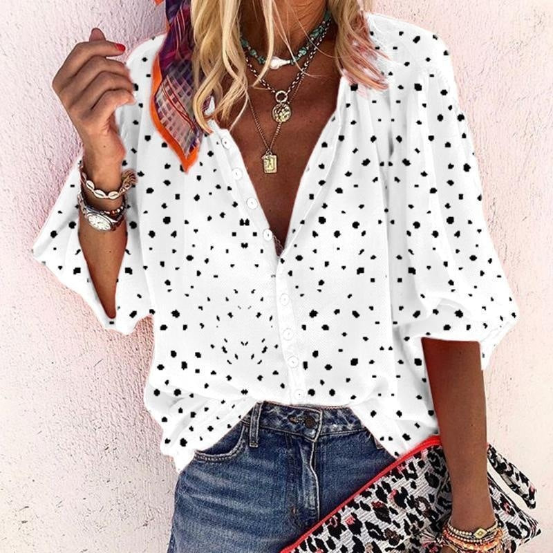 Women's Long-sleeved V-neck Buttons Snowflake Print Shirt Blouses