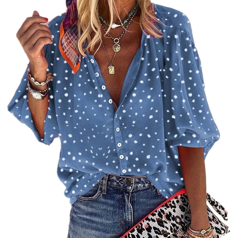 Women's Long-sleeved V-neck Buttons Snowflake Print Shirt Blouses