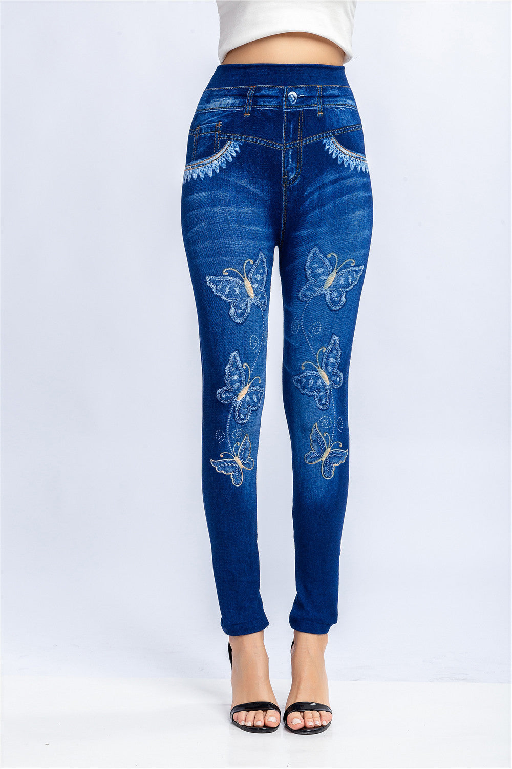 Imitation Denim Butterfly Print Hip Lifting Super Jumpsuits