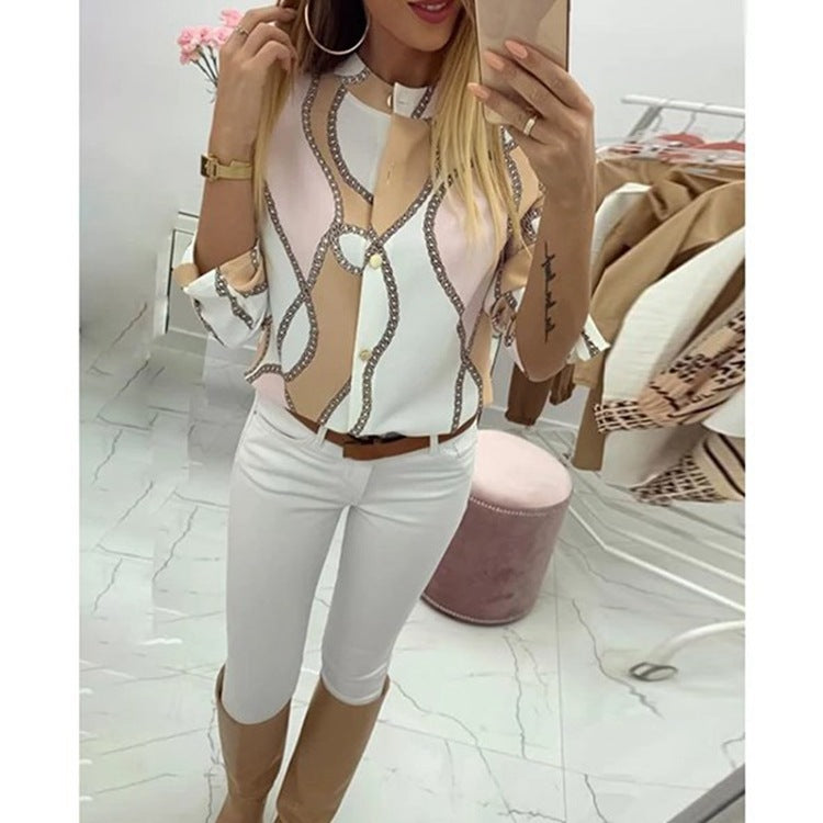 Women's Chain Printing Lapel Long-sleeved Shirt Blouses