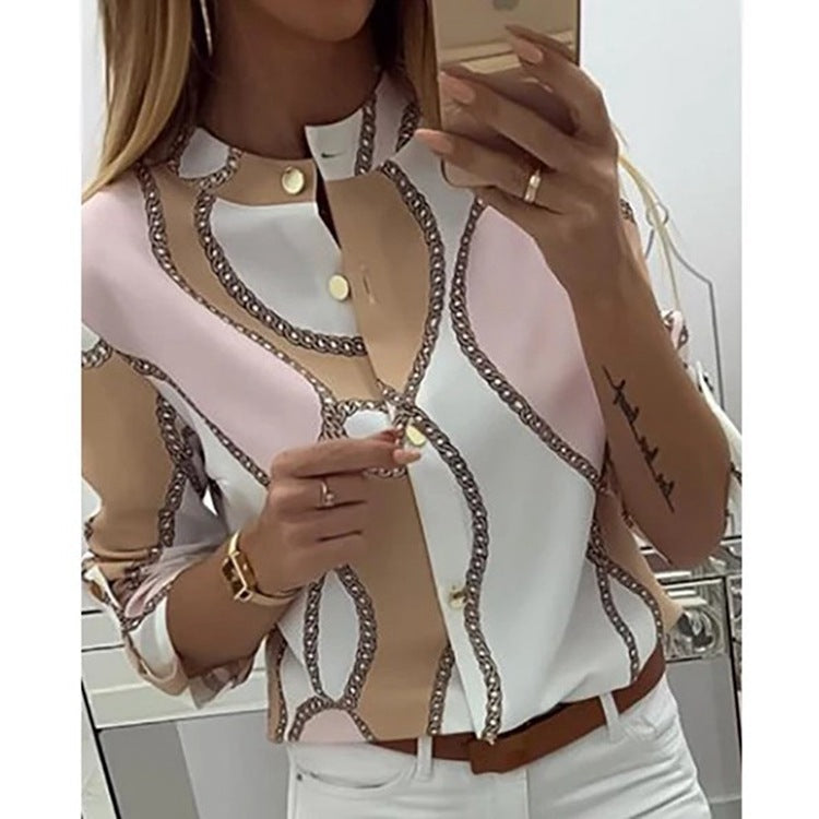 Women's Chain Printing Lapel Long-sleeved Shirt Blouses