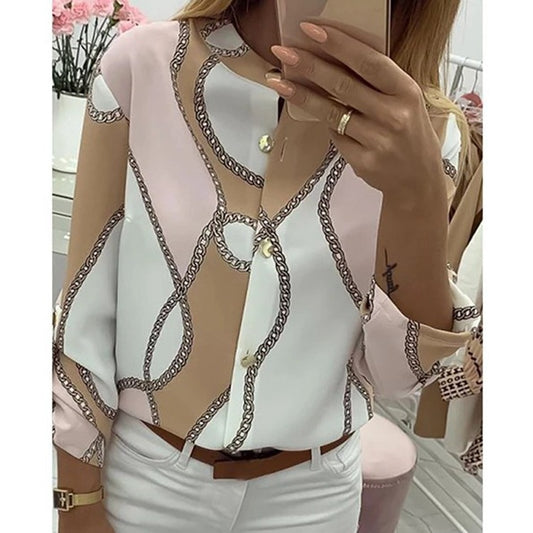 Women's Chain Printing Lapel Long-sleeved Shirt Blouses