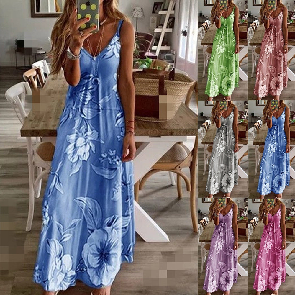 Women's Summer Digital Printing V-neck Sleeveless Dress Dresses