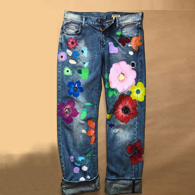 Women's Straight-leg Fashion Printed Denim Trousers Jeans