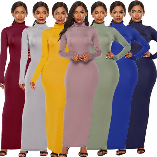 Women's Solid Color Long Sleeve Stretch Slim Dresses