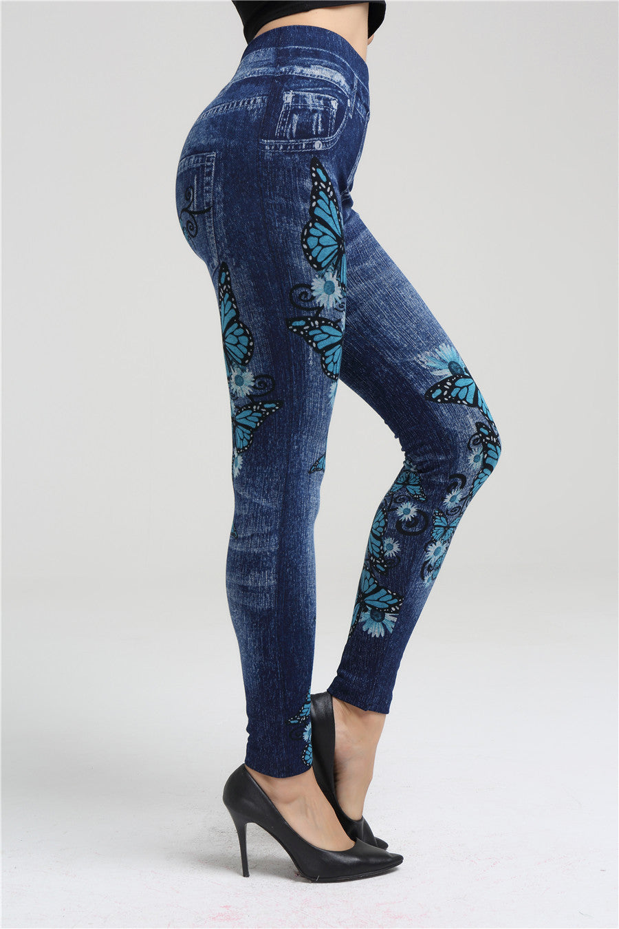 Imitation Denim Big Bowknot Over Stretch Leggings