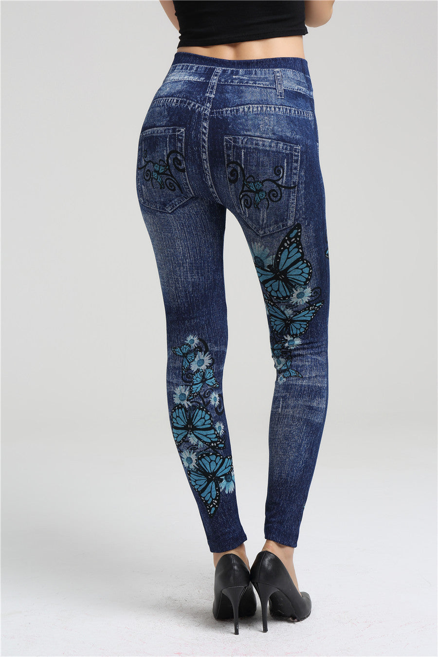 Imitation Denim Big Bowknot Over Stretch Leggings