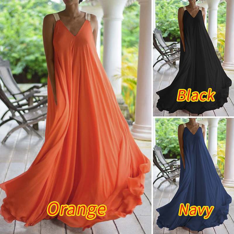 Summer Orange V-neck Long Bohemian Suspender Dresses