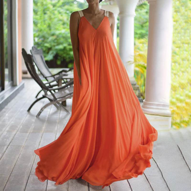 Summer Orange V-neck Long Bohemian Suspender Dresses