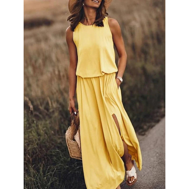 Women's Round Neck Sleeveless Dress Split Solid Dresses