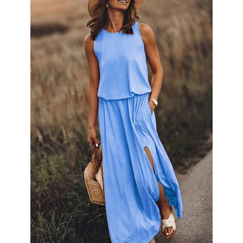 Women's Round Neck Sleeveless Dress Split Solid Dresses