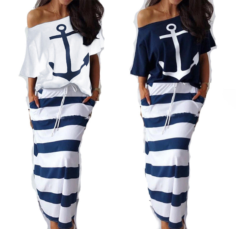 Pretty Navy Casual Printed Short-sleeved T-shirt Skirts