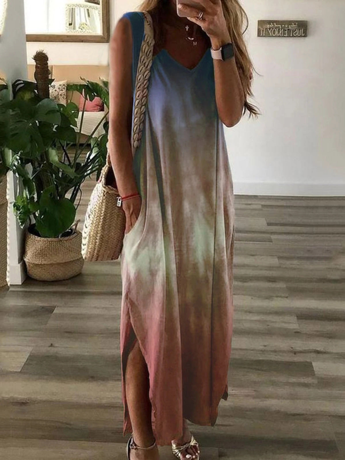 Women's Summer V-neck Gradient Tie-dye Print Sleeveless Dresses