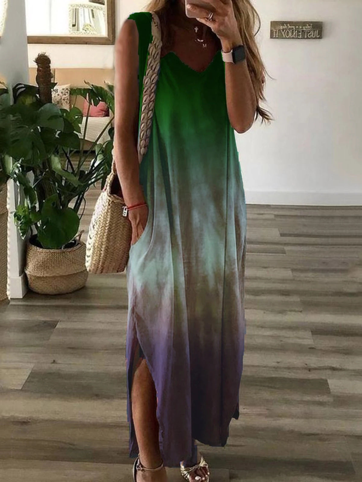 Women's Summer V-neck Gradient Tie-dye Print Sleeveless Dresses