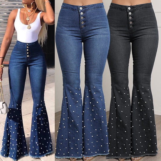 Slouchy Attractive Stretch Casual Beaded Bell-bottom Jeans