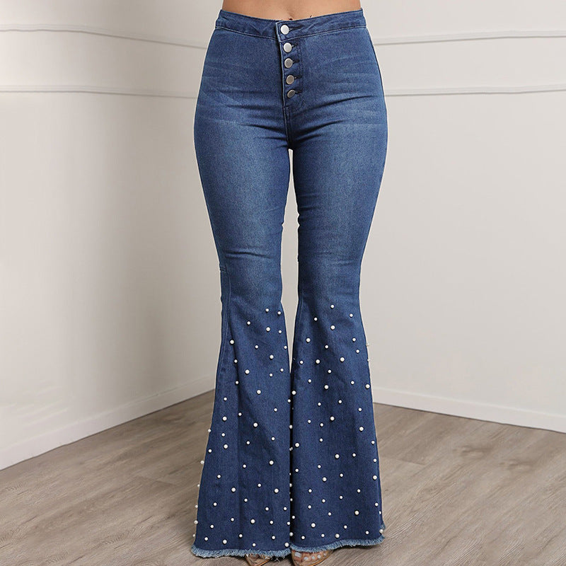 Slouchy Attractive Stretch Casual Beaded Bell-bottom Jeans