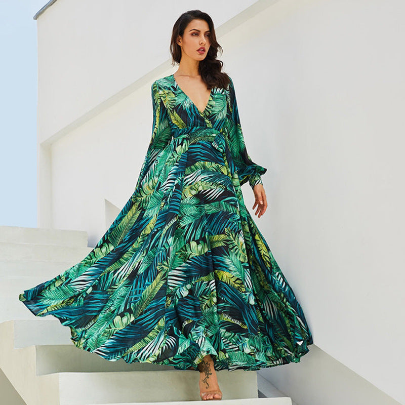 Women's Printed V-neck Lantern Sleeve Dress Dresses