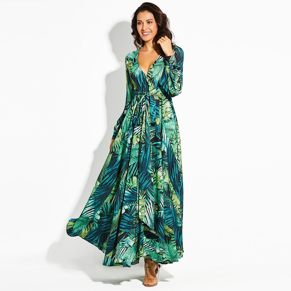 Women's Printed V-neck Lantern Sleeve Dress Dresses