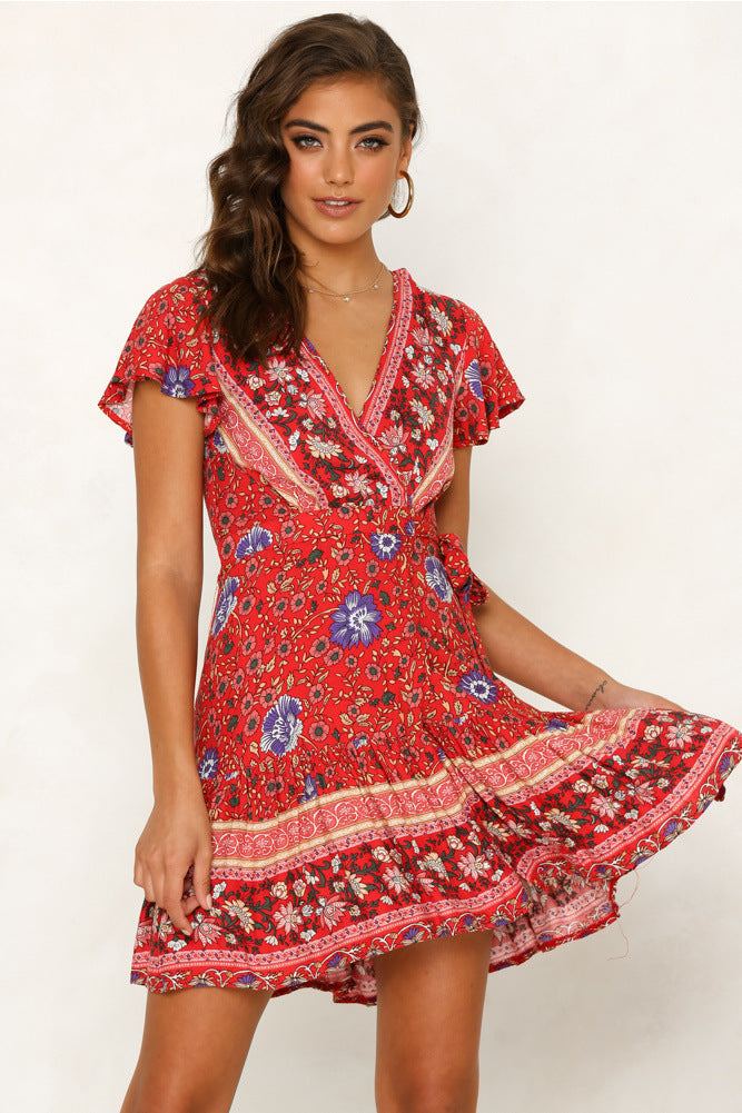 Women's Summer V-neck Sexy Bohemian Printed Lace-up Dresses