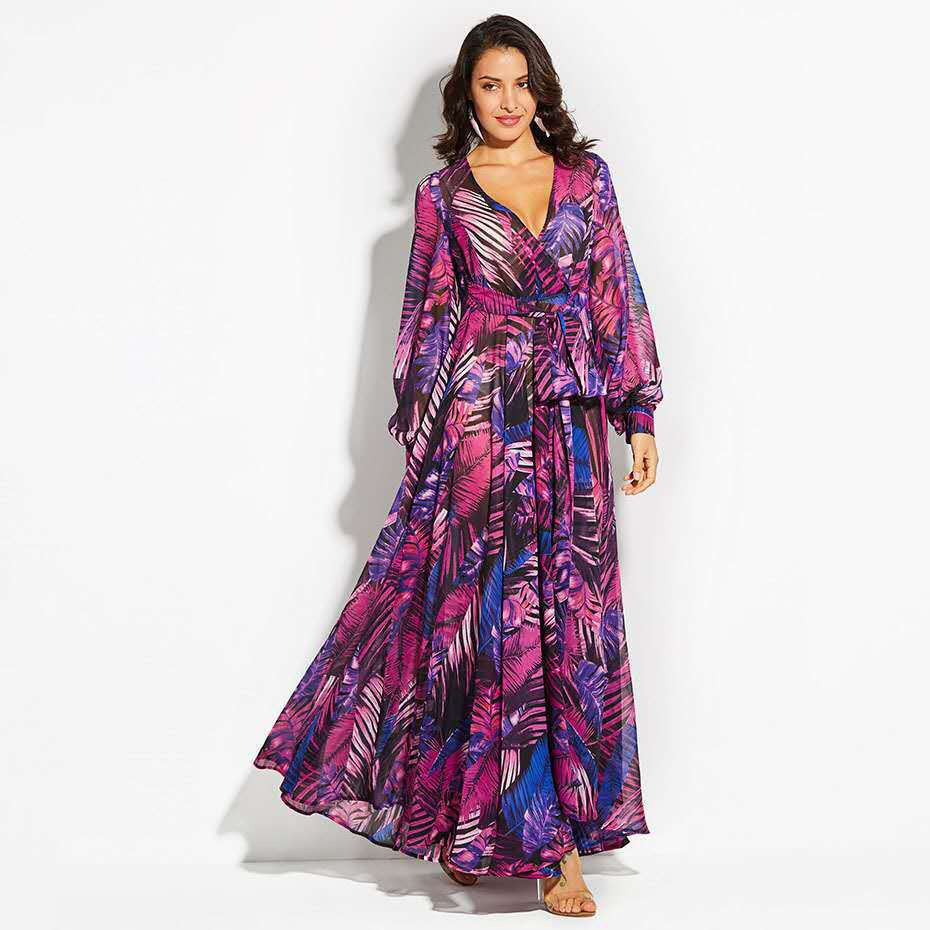 Women's Printed V-neck Lantern Sleeve Dress Dresses