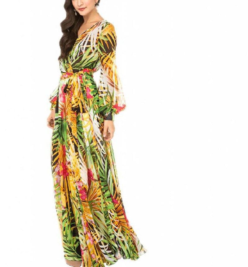 Women's Printed V-neck Lantern Sleeve Dress Dresses