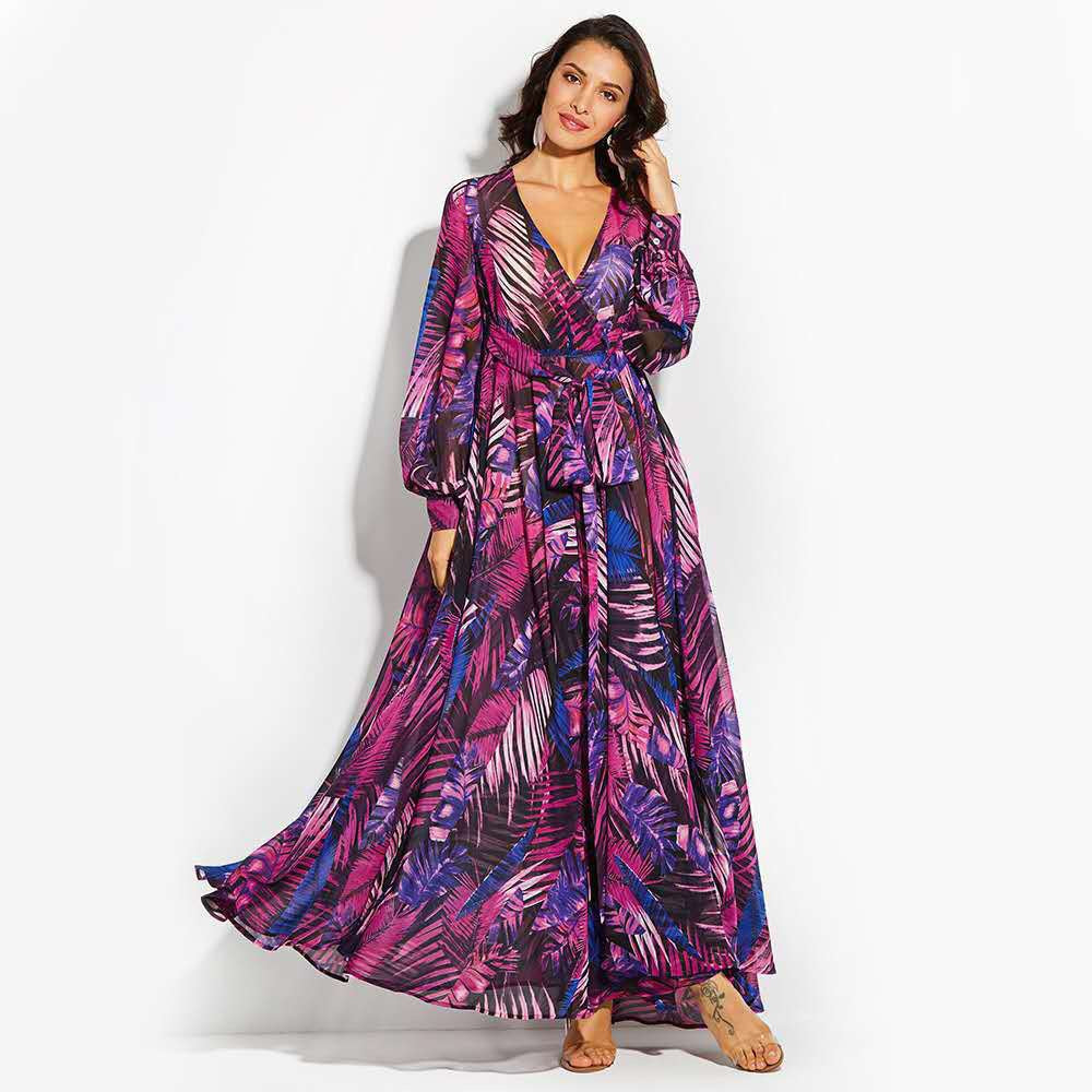 Women's Printed V-neck Lantern Sleeve Dress Dresses