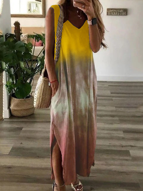 Women's Summer V-neck Gradient Tie-dye Print Sleeveless Dresses