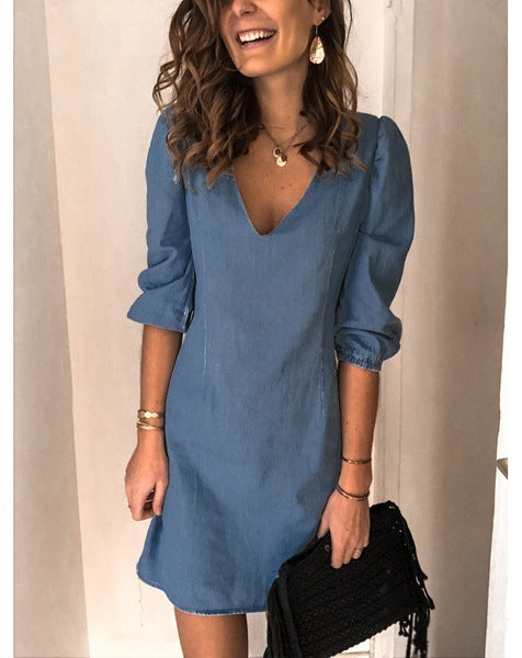 Autumn Deep V-neck Sexy Solid Color Versatile Casual Dresses