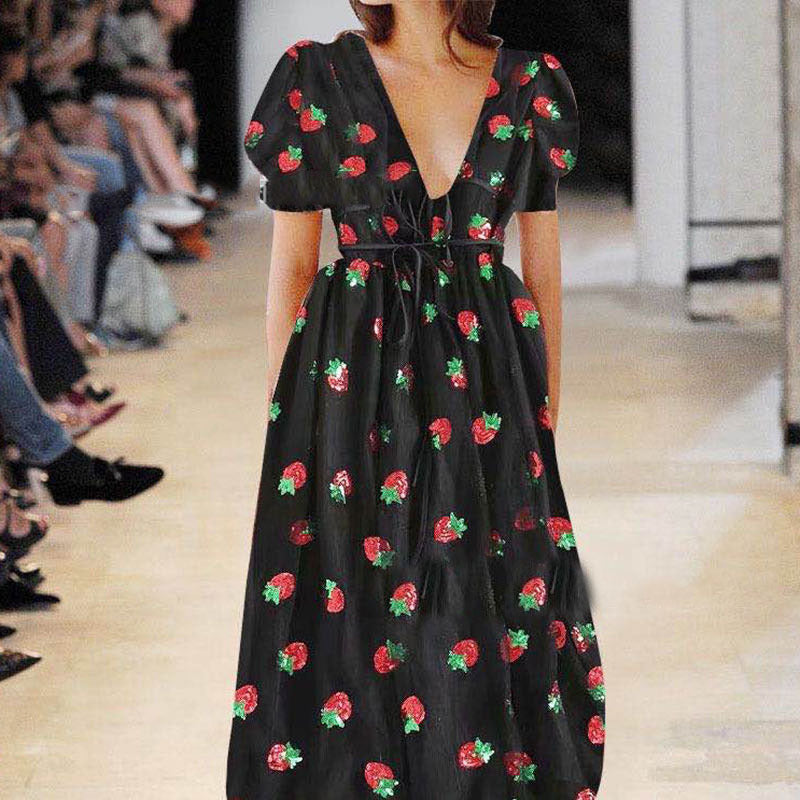 Dress French Strawberry Two-color Sequined Mesh Dresses