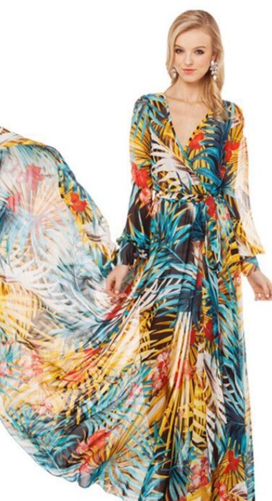 Women's Printed V-neck Lantern Sleeve Dress Dresses